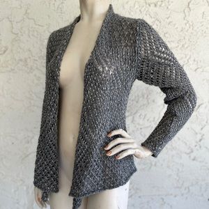 EILEEN FISHER Cardigan Sweater Gray Wool Alpaca Blend Open Knit Crochet Size S